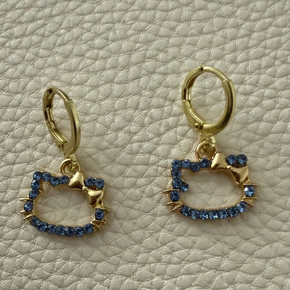 Gold Plated Blue Hello Kitty Huggie Earrings